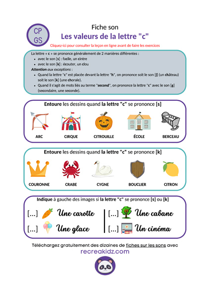 Fiche exercices valeurs de la lettre c cp ce1 ce2 à imprimer pdf