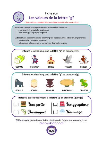 Fiche exercices valeurs de la lettre g cp ce1 ce2 à imprimer pdf