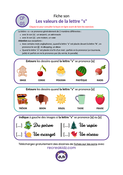 Fiche exercices valeurs de la lettre s cp ce1 ce2 à imprimer pdf