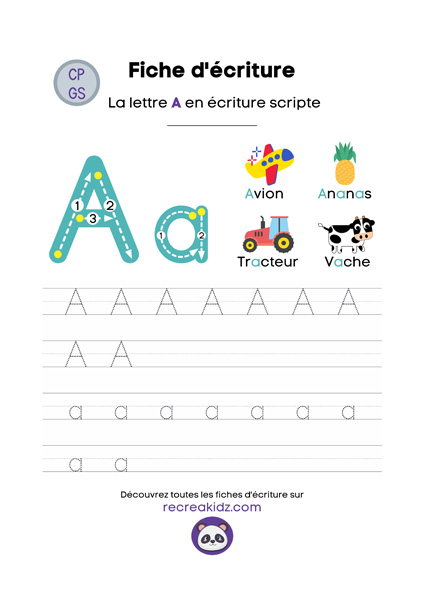 Lettre A | Écriture minuscule / majuscule en script & cursive ...