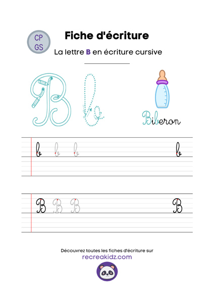 Écriture lettre B cursive attaché majuscule & minuscule