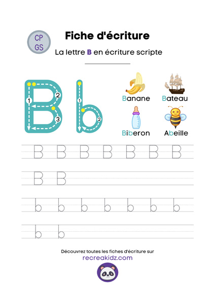 Lettre B | Écriture minuscule / majuscule en script & cursive ...