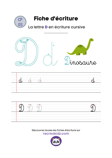 Écriture lettre D cursive attaché majuscule & minuscule