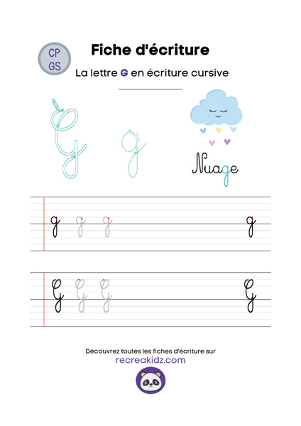 Écriture lettre G cursive attaché majuscule & minuscule