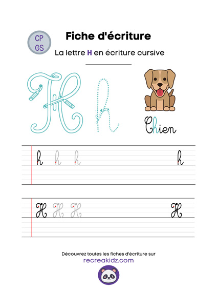 Écriture lettre H cursive attaché majuscule & minuscule