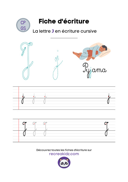 Écriture lettre J cursive attaché majuscule & minuscule