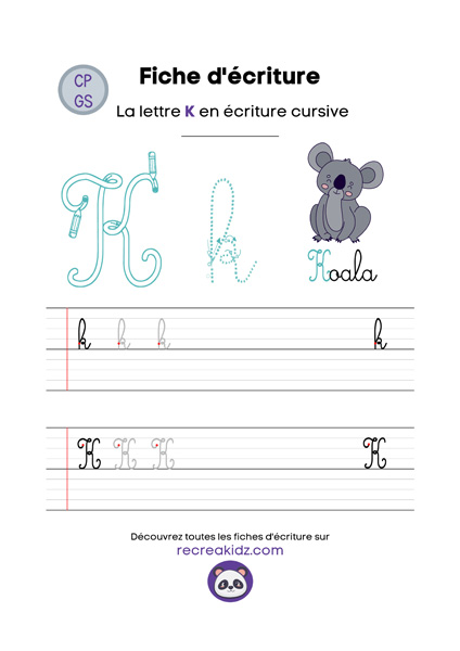 Écriture lettre K cursive attaché majuscule & minuscule