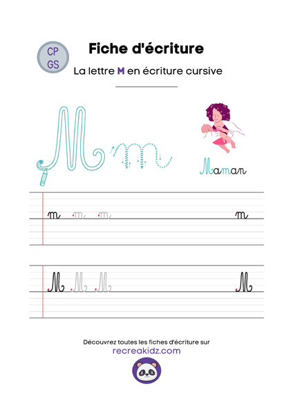 Écriture lettre M cursive attaché majuscule & minuscule