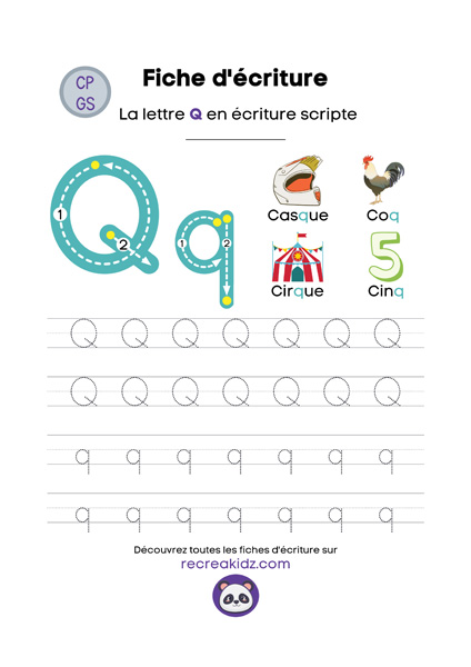 Écriture lettre Q script majuscule & minuscule