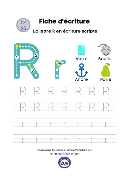 Écriture lettre R script majuscule & minuscule