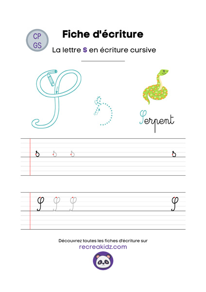 Écriture lettre S cursive attaché majuscule & minuscule