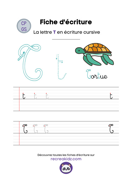 Écriture lettre T cursive attaché majuscule & minuscule