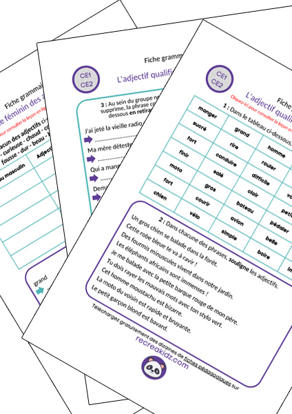 Fiche exercices adjectif CE1 - CE2 à imprimer PDF