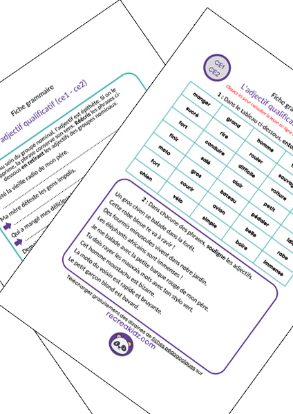 Fiche exercices adjectif qualificatif CE1 - CE2 à imprimer PDF