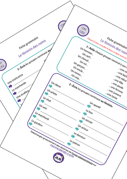 Fiche exercices féminin des noms à imprimer PDF