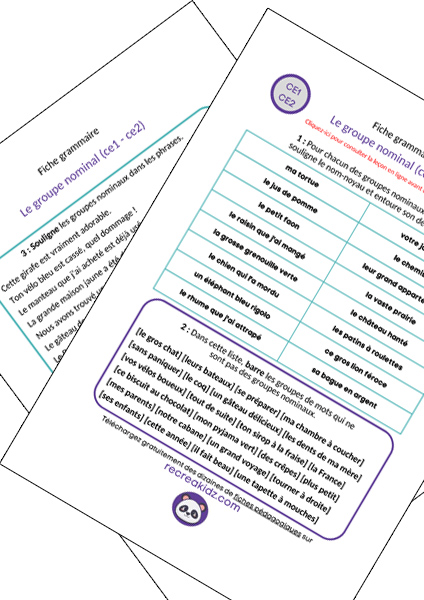 Fiche exercices groupe nominal CE1 - CE2 à imprimer PDF