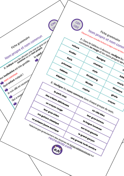 Fiche exercices nom propre nom commun à imprimer PDF