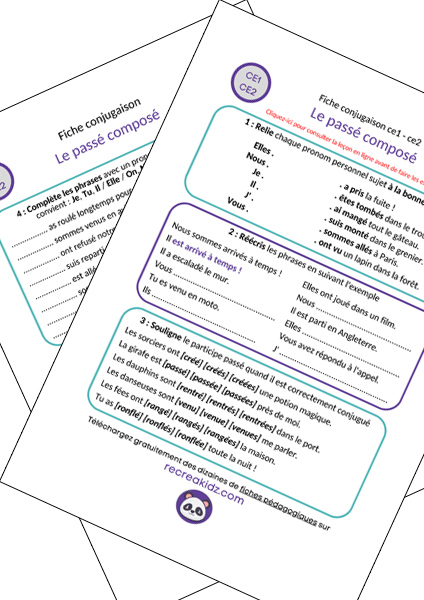 Fiche exercices passé composé CE1 - CE2 à imprimer PDF