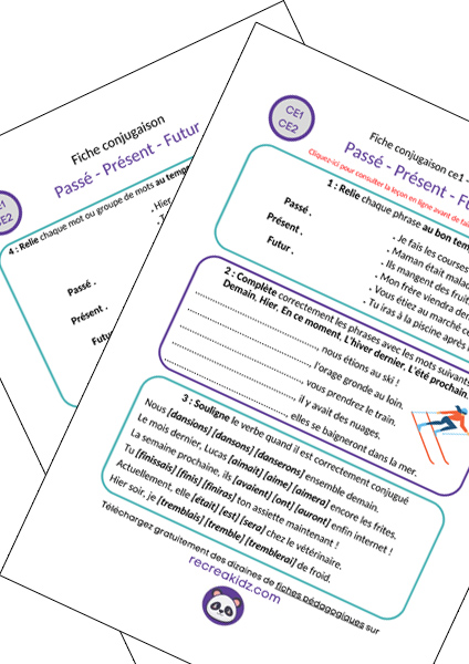 Fiche exercices passé présent futur CE1 - CE2 à imprimer PDF