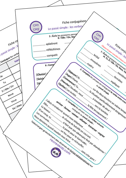 Fiche exercices passé simple CM1 - CM2 à imprimer PDF