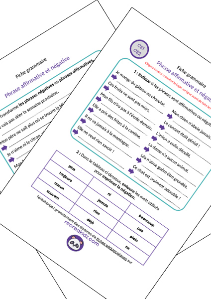 Fiche exercices phrase affirmative phrase négative CE1 - CE2 à imprimer PDF