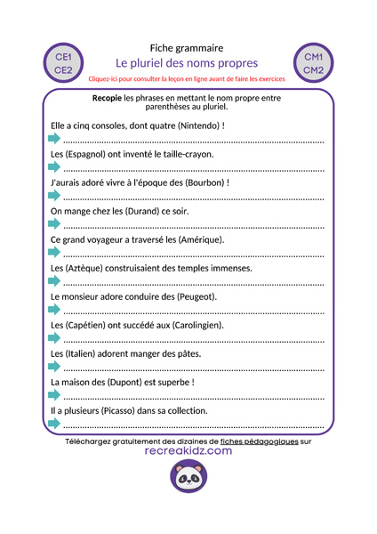 Fiche exercices pluriel des noms propres à imprimer PDF