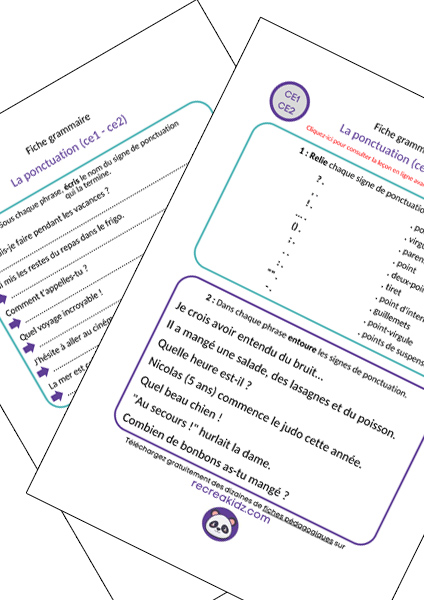 Fiche exercices la ponctuation CE1 - CE2 à imprimer PDF