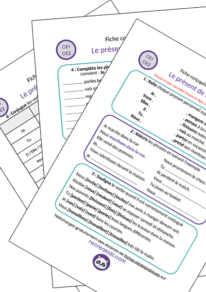 Fiche exercices présent indicatif CE1 - CE2 à imprimer PDF