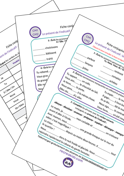 Fiche exercices présent de l'indicatif CM1 - CM2 à imprimer PDF