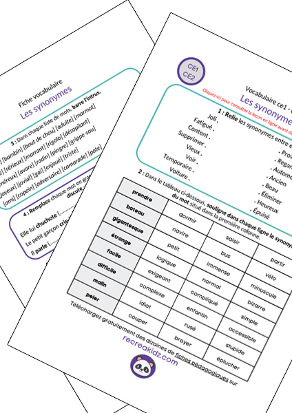 Fiche exercices synonymes CE1 - CE2 à imprimer PDF