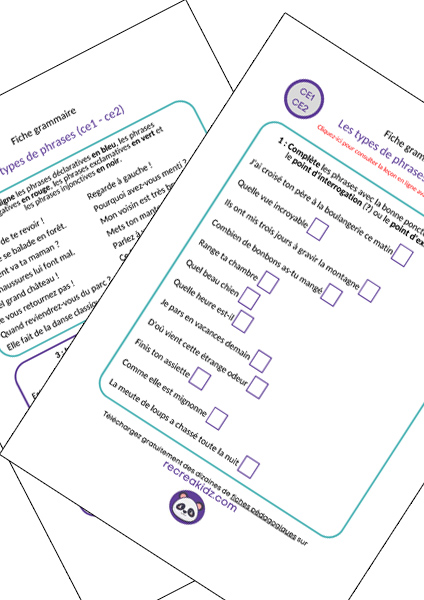 Fiche exercices les types de phrases CE1 - CE2 à imprimer PDF