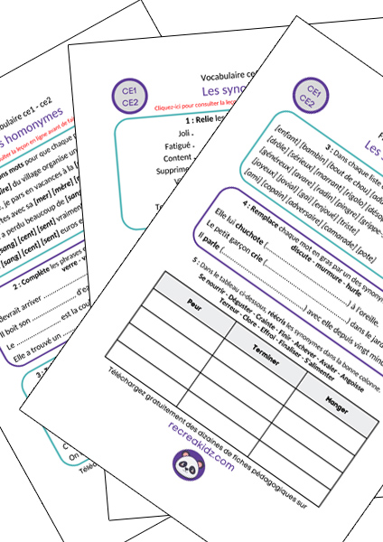 Fiche exercices vocabulaire CE1 - CE2 à imprimer PDF