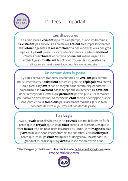 Dictée imparfait CE1 - CE2 à imprimer PDF