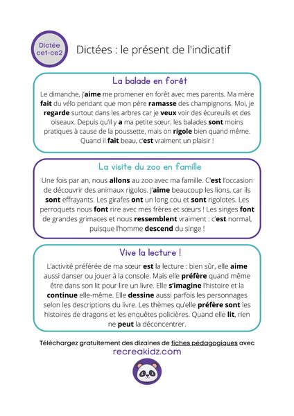 Dict e Le Pr sent De L indicatif CE1 CE2 Imprimer