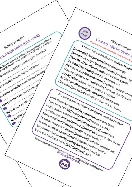 Fiche exercices accord sujet verbe CM1 - CM2 à imprimer PDF