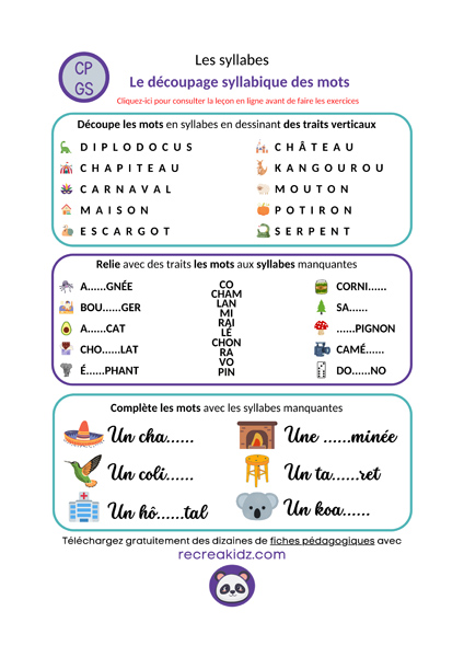 Fiche exercices découpage syllabique des mots CP à imprimer en PDF