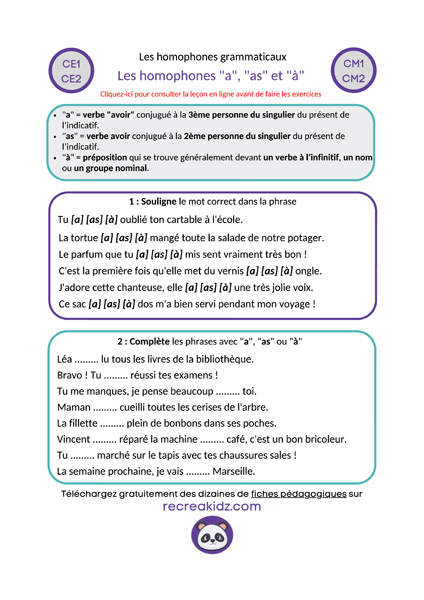 Fiche exercices homophones "a - as - à" à imprimer PDF