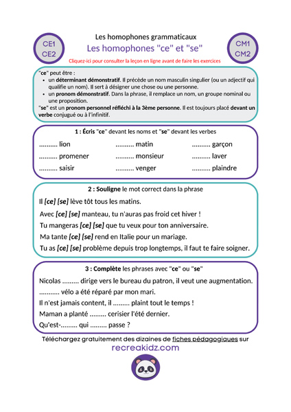 Fiche exercices homophones "ce - se" à imprimer PDF