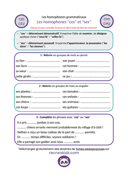 Fiche exercices homophones "ces - ses" à imprimer PDF