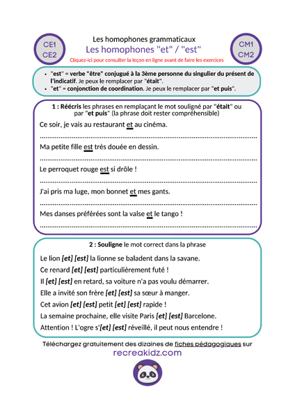 Fiche exercices homophones "et - est" à imprimer PDF