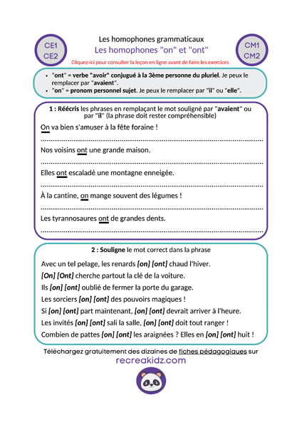 Fiche exercices homophones "on - ont" à imprimer PDF