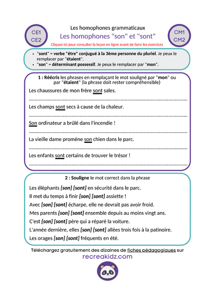 Fiche exercices homophones "son - sont" à imprimer PDF