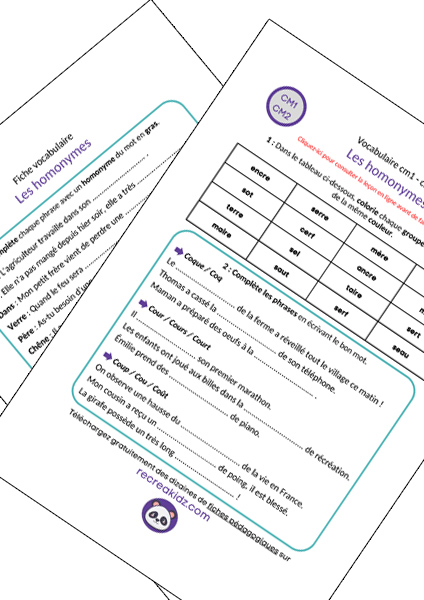 Fiche exercices les homonymes CM1 - CM2 à imprimer PDF