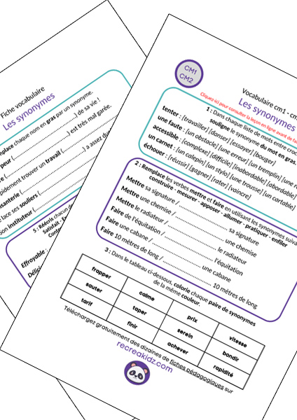 Fiche exercices les synonymes CM1 - CM2 à imprimer PDF