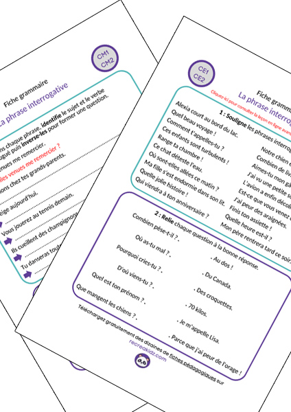 Fiche exercices phrase interrogative CE1 - CE2 - CM1 - CM2 à imprimer PDF