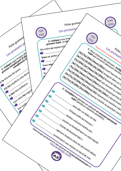 Fiche exercices pronoms personnels CE1 - CE2 - CM1 - CM2 à imprimer PDF