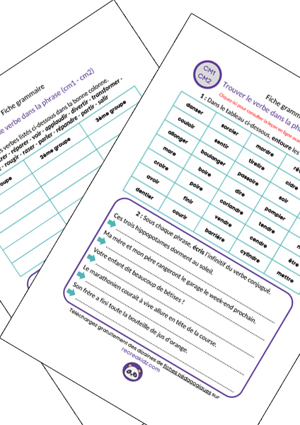 Fiche exercices trouver le verbe dans la phrase CM1 - CM2 à imprimer PDF