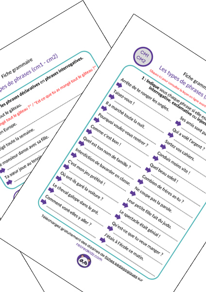 Fiche exercices types de phrases CM1 - CM2 à imprimer PDF