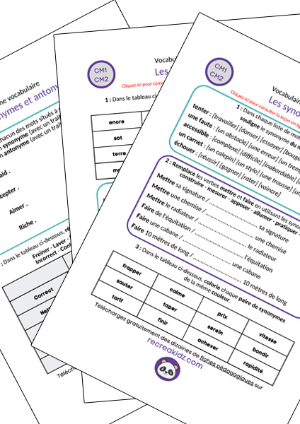 Fiche exercices vocabulaire CM1 - CM2 à imprimer PDF