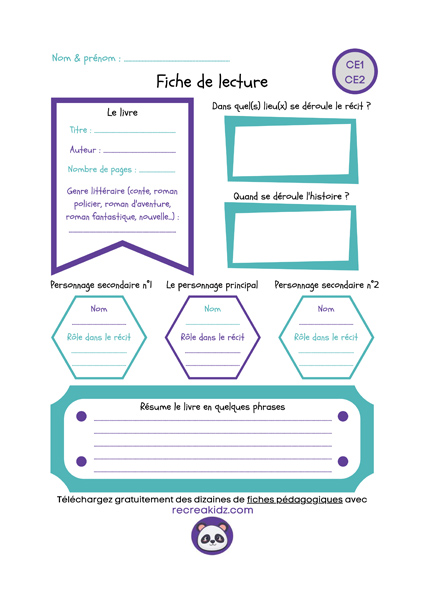 Modèle de fiche de lecture CE1 - CE2 PDF